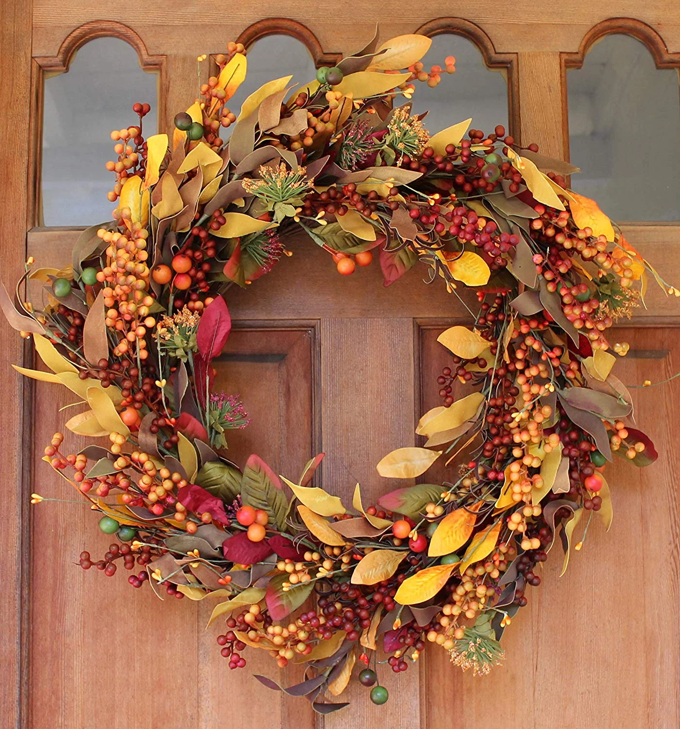 Saranac Berry Fall Front Door Wreath 22 Inches - Lush Seasonal Foliage and Berries, Approved for Covered Outdoor Use, with Beautiful White Gift Box