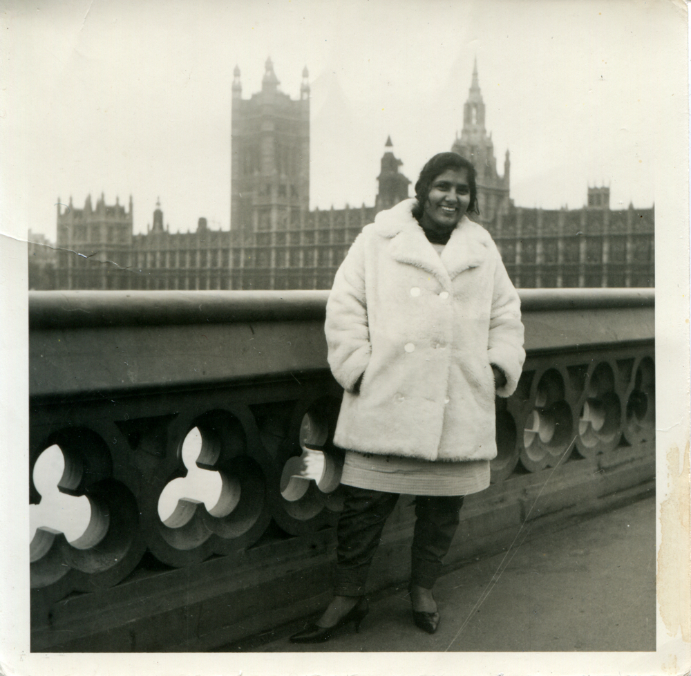 Sarjit Bansal in her first ever winter coat (Which latest all of two weeks.) on Westminster Bridge, London, 1969