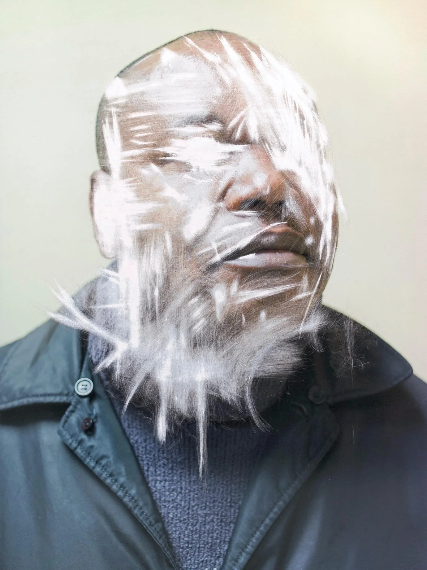 Time waiting for asylum: 15 years 

&ldquo;Yes too long. Now I&rsquo;m very sick. I got high blood pressure, depression [..]&rdquo;

Democratic Republic of Congo,2015
Hand scratched c-type print
&bull;
Lingering Ghosts was my first long term portrait