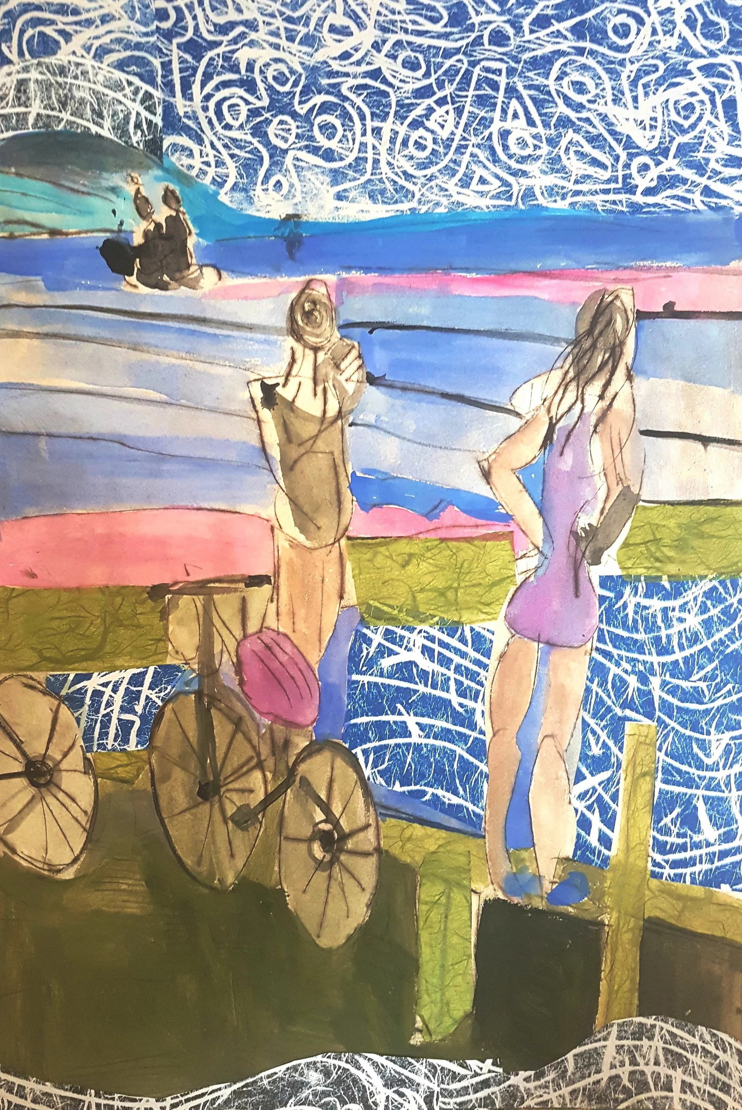Newcastle Baths Drypoint,Linocut, Collage & Gouache by Jane Collins