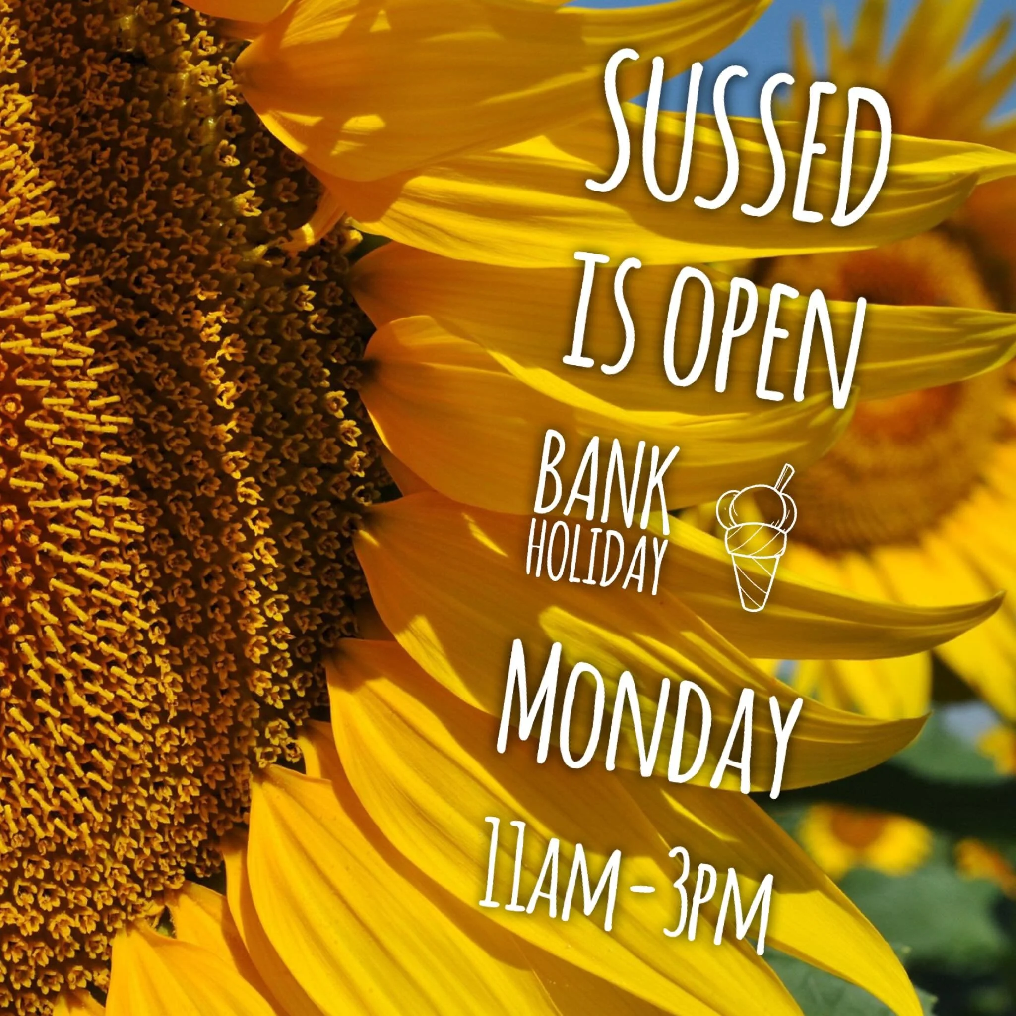 SUSSED is open bank holiday Monday 25th of May 11 am to 3 pm