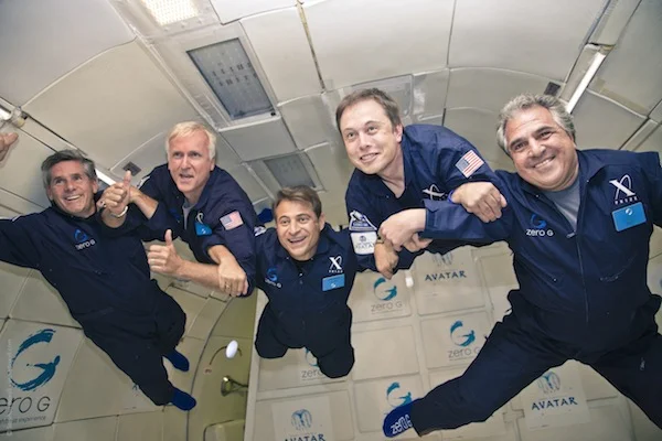 James Cameron, Peter Diamandis, Elon Musk, and others experiencing weightlessness on a Zero G flight. 
