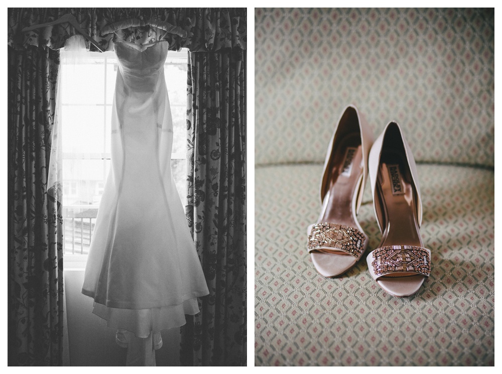 Bridal dress and shoes at The Briars wedding.