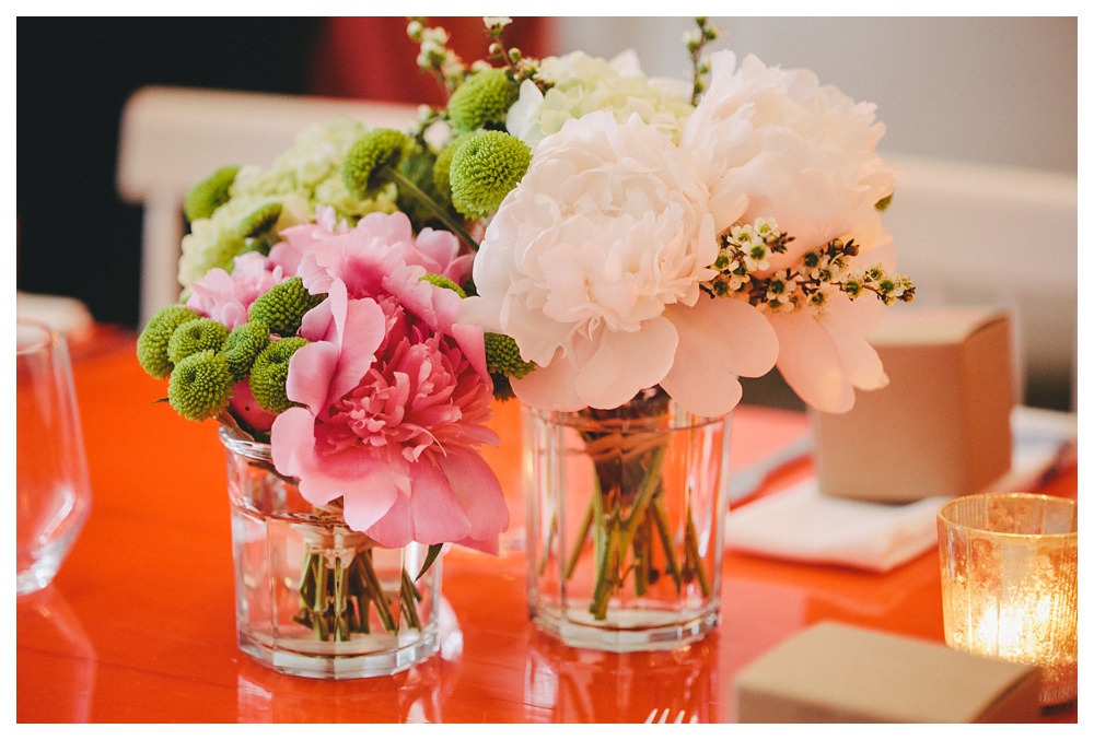 Peony centrepieces at L'Ouvrier restaurant for a wedding in Toronto.