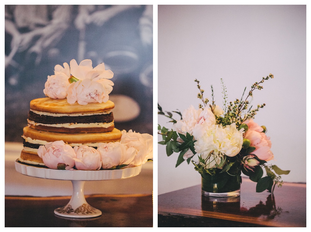 Naked wedding cake with peonies at L'Ouvrier restaurant Toronto.