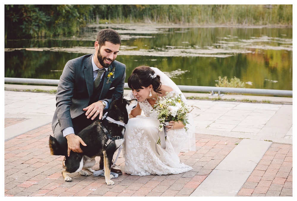 Couple with their dog during a wedding at Brickworks, Toronto.