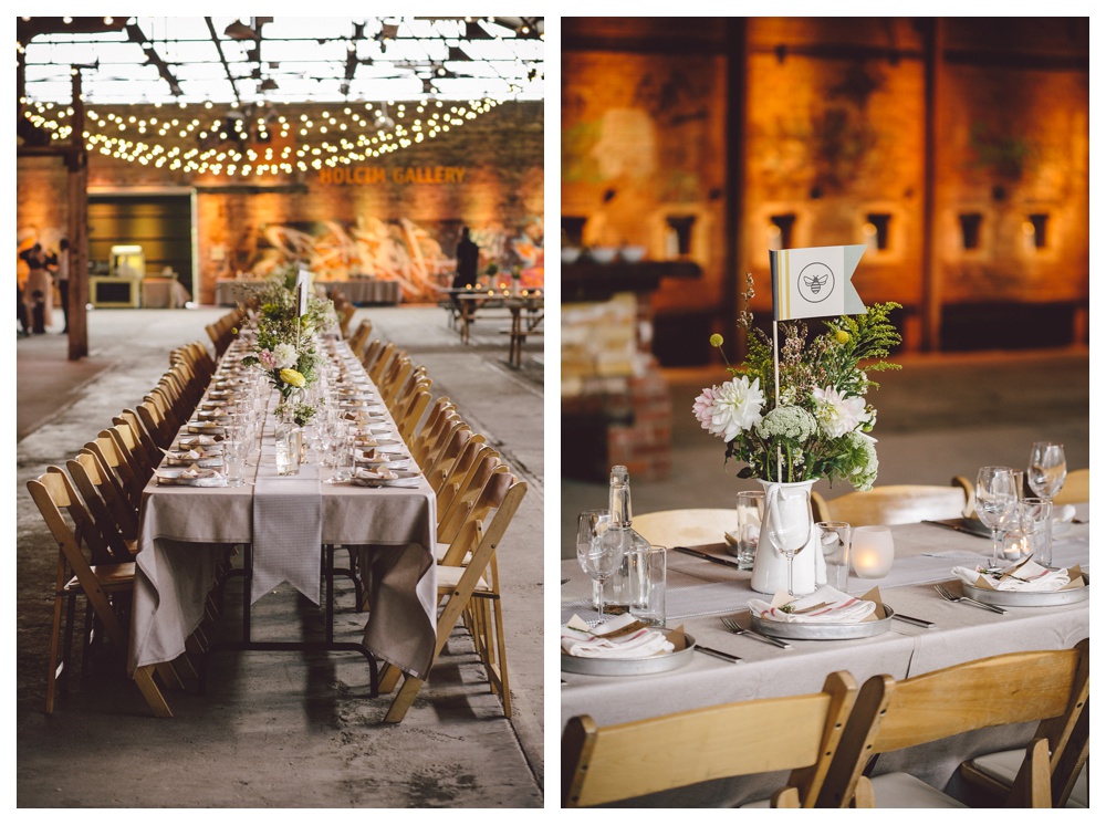 Long shared dining tables at Brickworks wedding, Toronto.