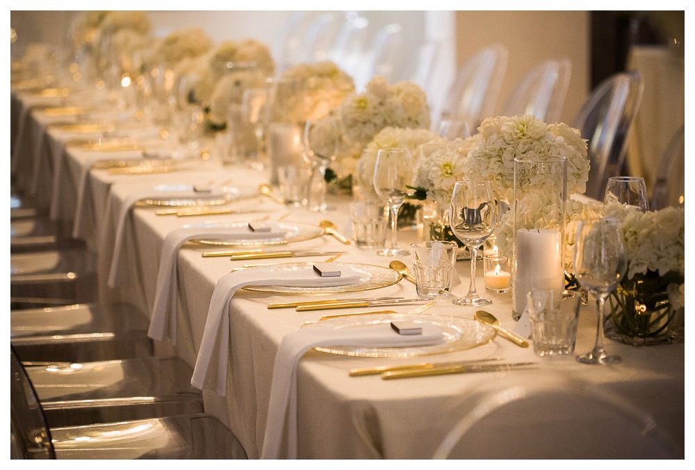 White Toronto, luxe, wedding, wedding dress, Gardiner Museum, 99 Sudbury, Ashley Lindzon, tabletop, golden flatware, Berries and Bloom, centerpieces, flowers, gold, wedding table