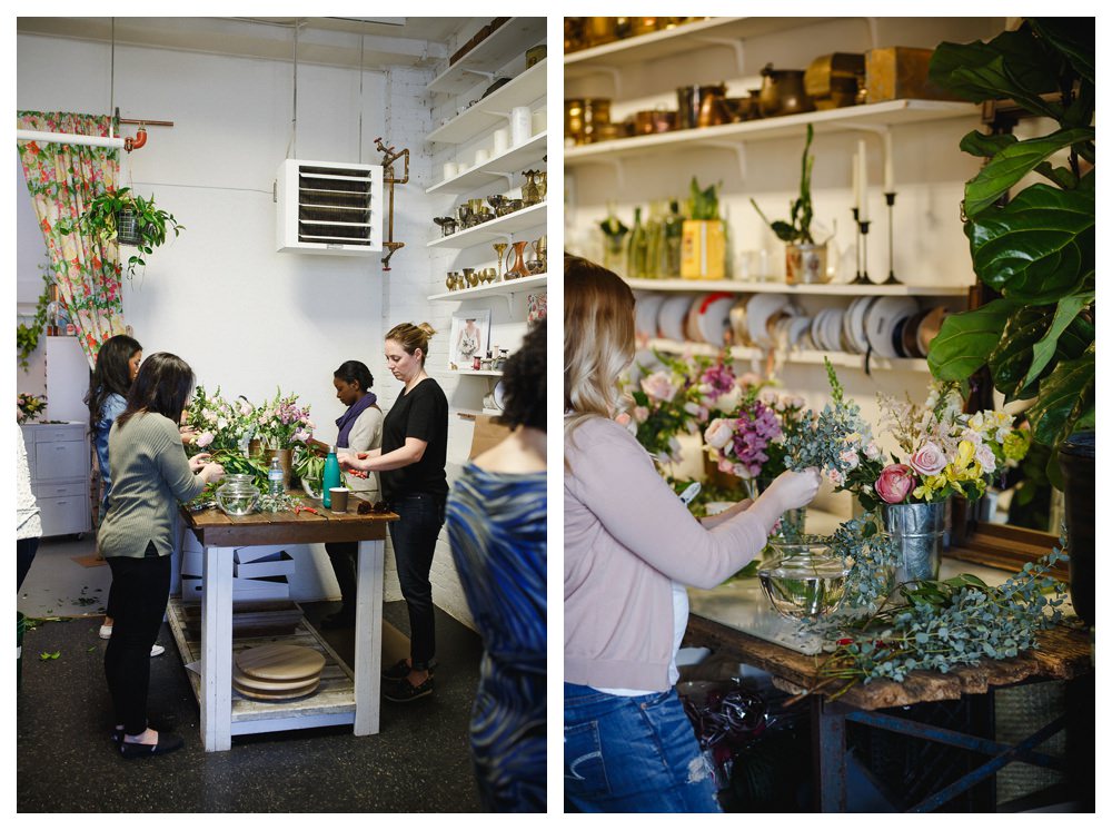 Students arranging flowers at Blush and Bloom workshop in Toronto.