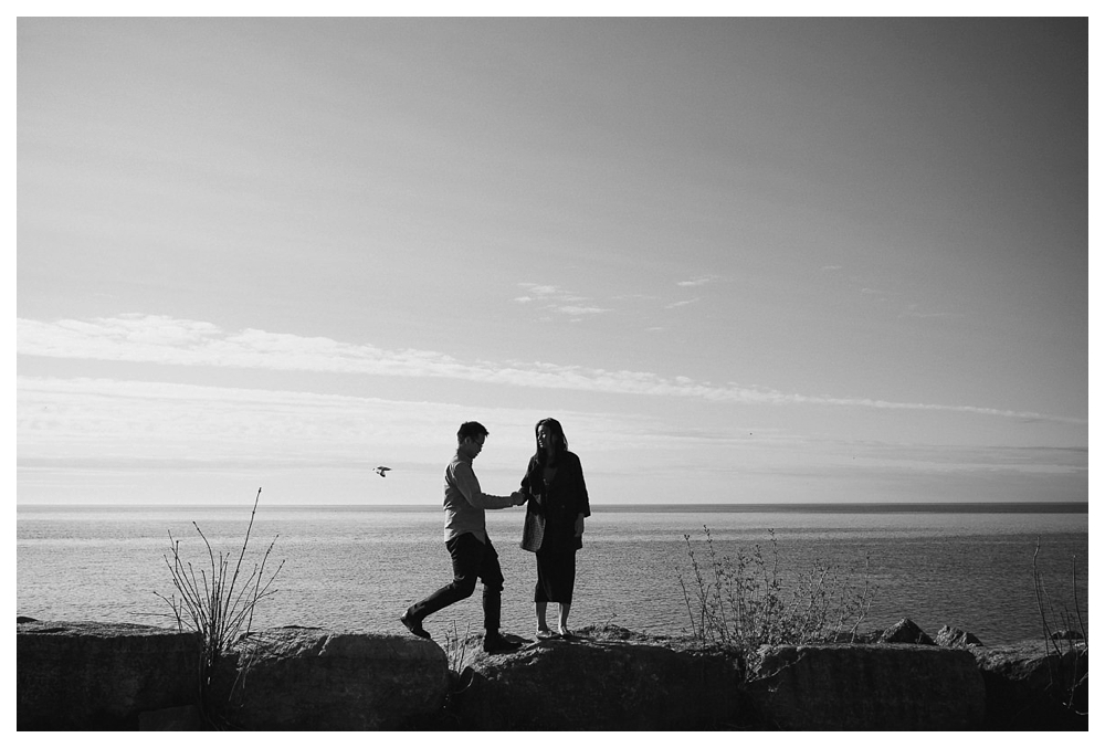 A bird flies over the lake Ontario on this special engagement photos day at Scarborough Bluffs as the bride gives her hand in love. 
