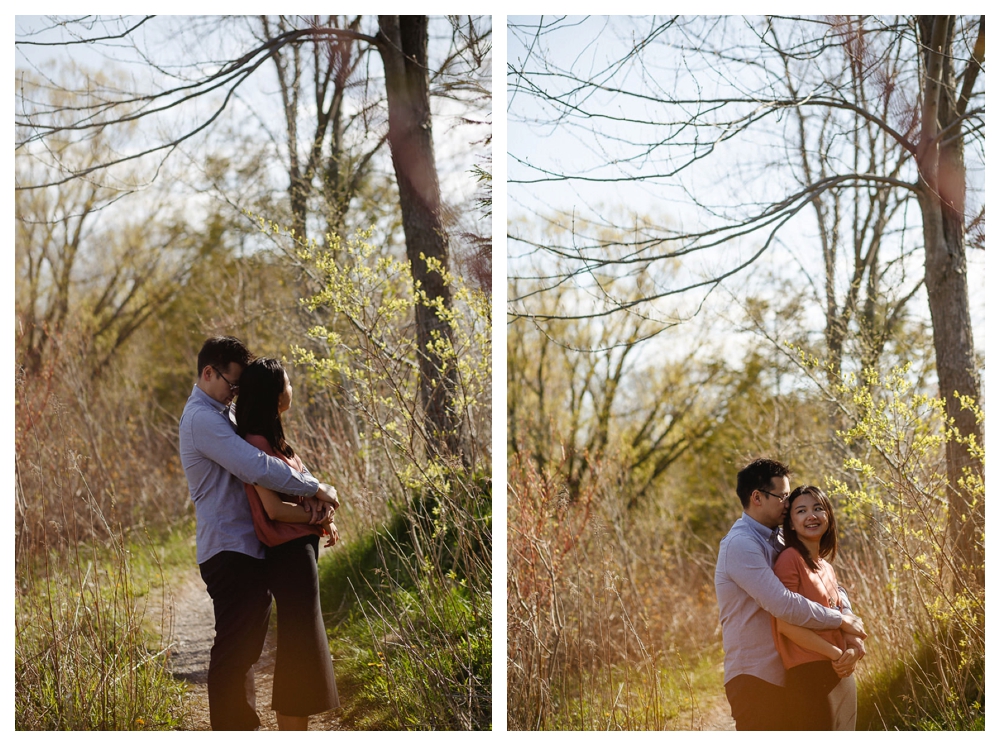 When the perfect spot for the photo is found, nothing blends better with the trees and the sunshine than the love of the embrace of the bride and groom. 