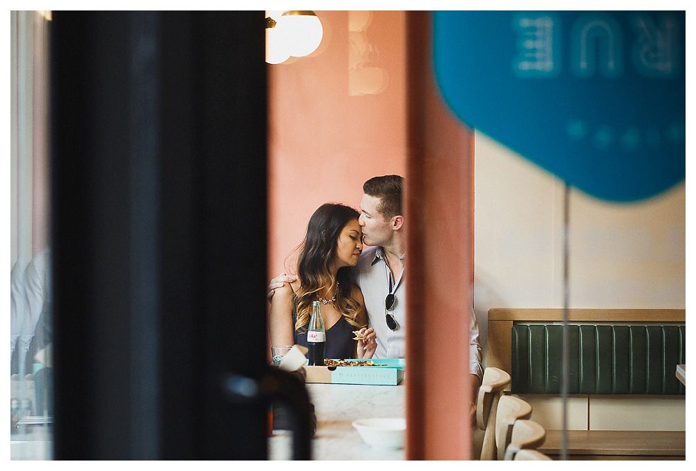 A candid moment between the bride and the groom for their engagement photos in Toronto. 