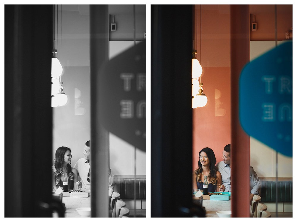 For the engagement photos in Toronto the bride and groom remember their first date downtown. 