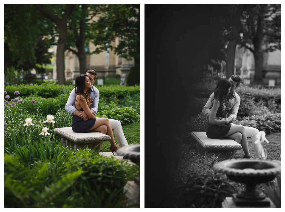 In the parks of Toronto, the bride and groom hold each other tight for their engagement photos. 