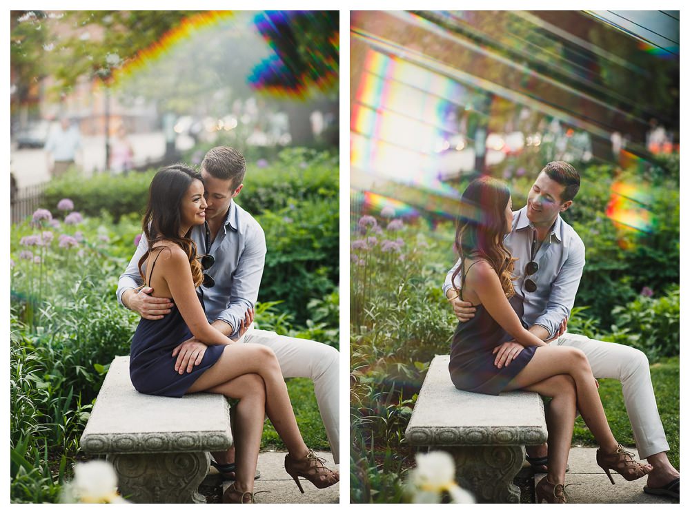 The sun bursts through the sky adding a special glow to the couple on the park bench for their engagement photo day. 