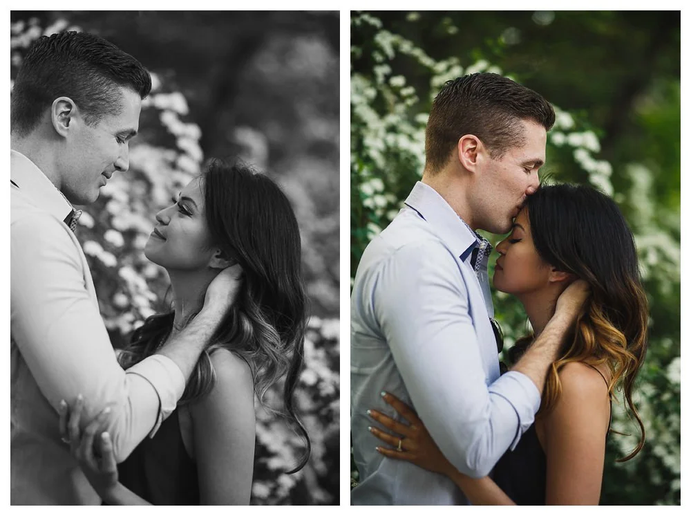 Their love is captured in colour and black and white like the flowers that act as a beautiful backdrop for their engagement photos. 