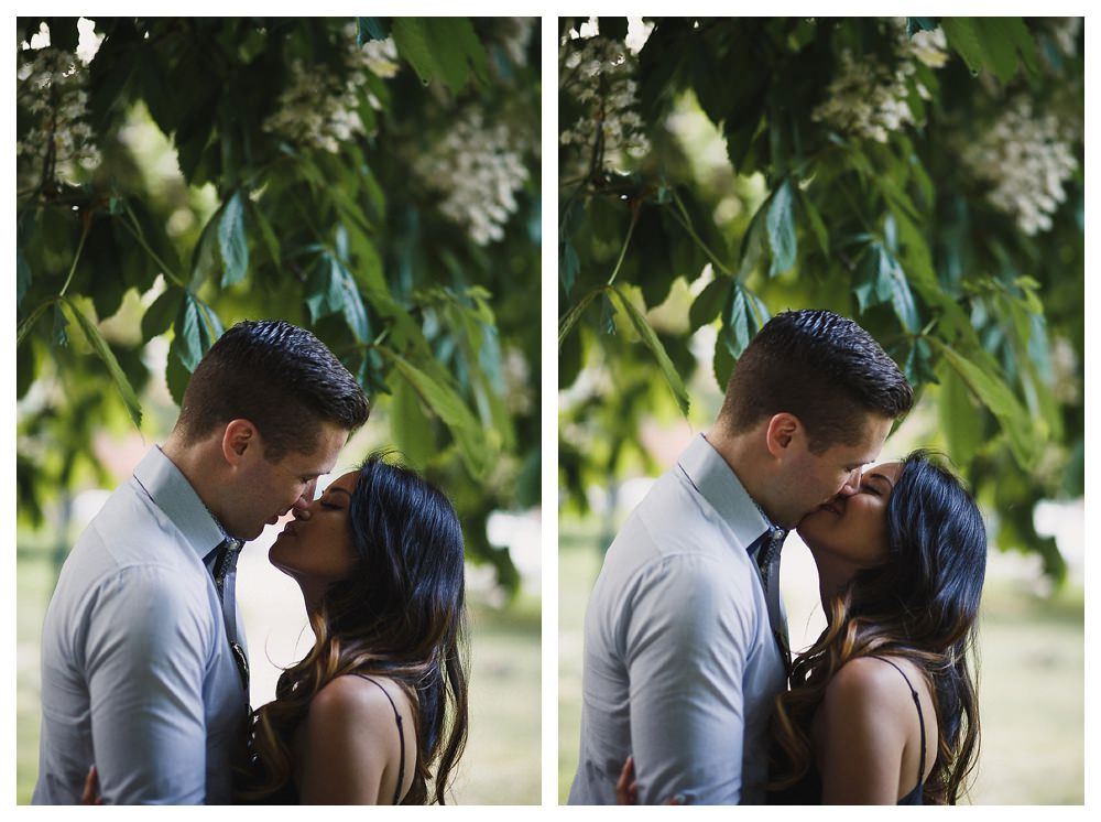 The fragrant smell of the trees in the park shields the groom and the bride for their engagement photo day kiss. 