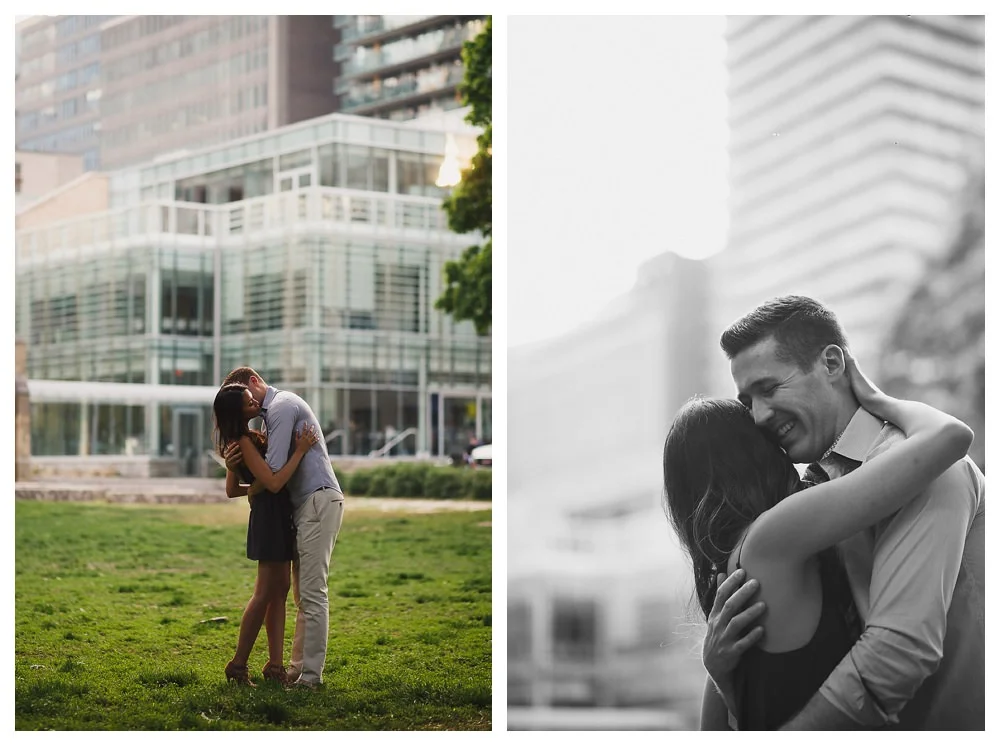 Downtown Toronto the happy couple captures the last ray of the sun as it reflects on the building, them and their love on their engagement photo day. 