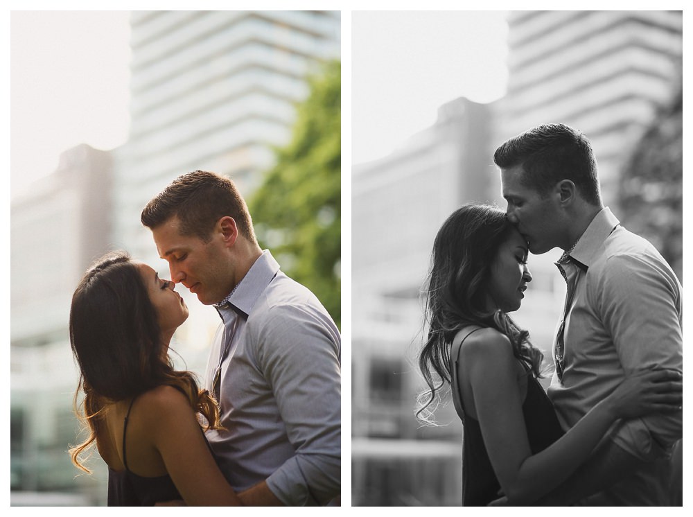 With the sunset in the city of Toronto, the engagement photo shoot comes to a close for this young urban couple. 