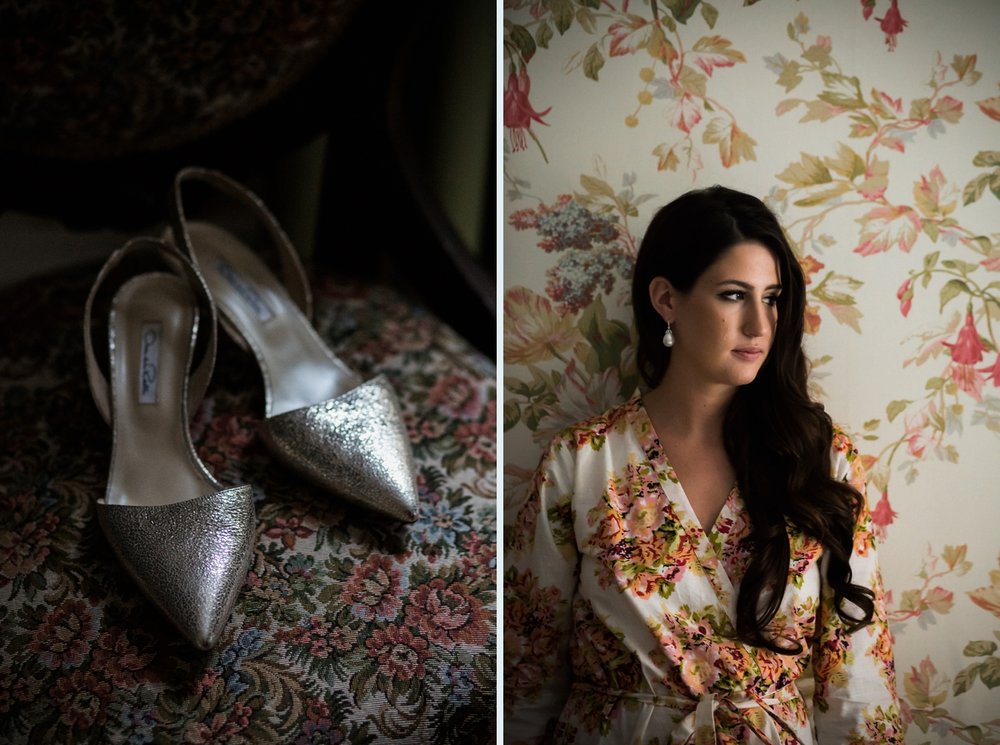 Bride and shoes on floral wallpaper in Niagara wedding.