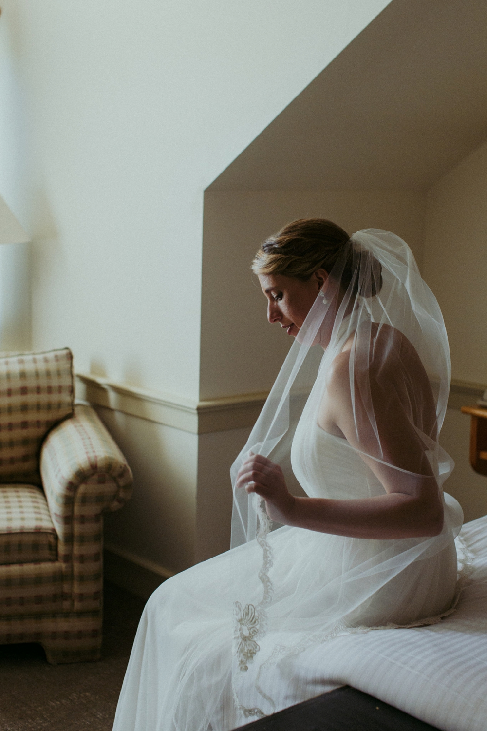 Bride and veil at Vermont wedding.