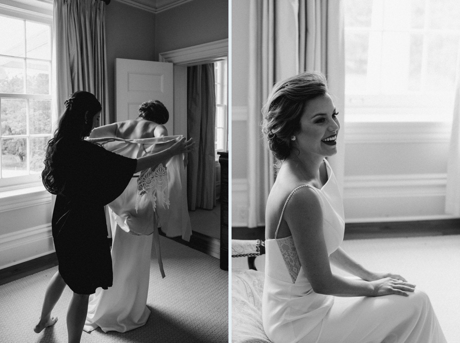 Bride getting dressed in Catherine Langlois dress at Langdon Hall wedding.