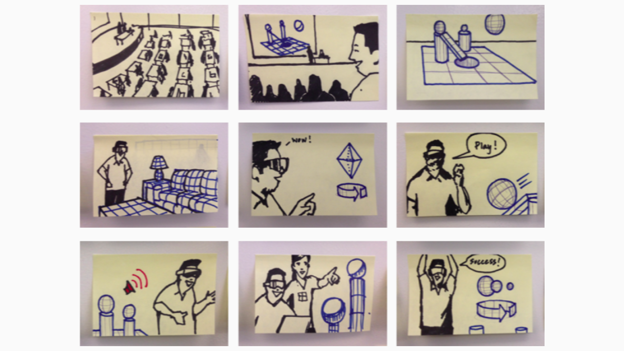 For buy in: Storyboarding out the flow of the application and breaking it into “core lessons” surface recognition, voice, gesture, 3D audio, etc.
