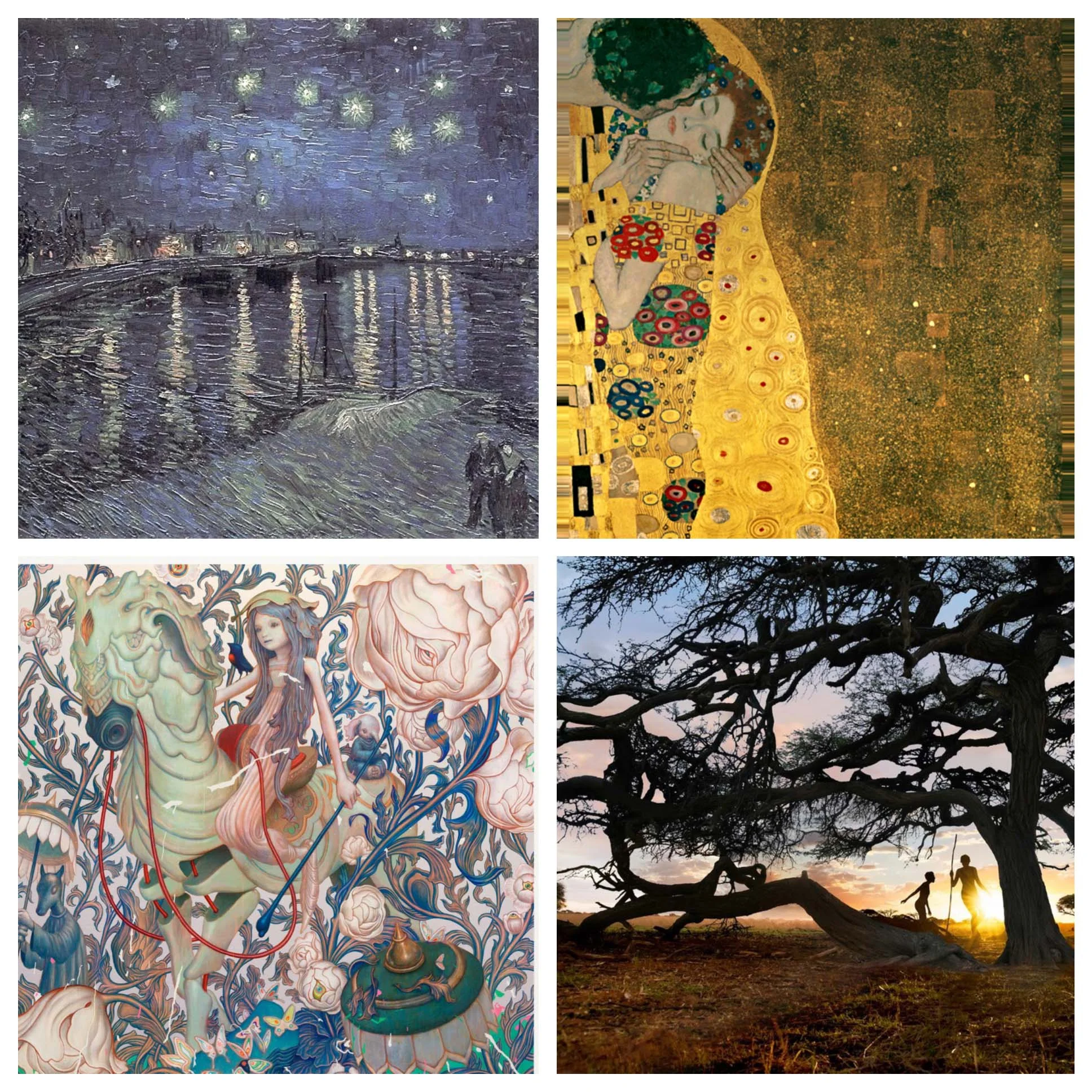 Clockwise: Vincent Van Gogh, Gustav Klimt, Steve McCurry and James Jean