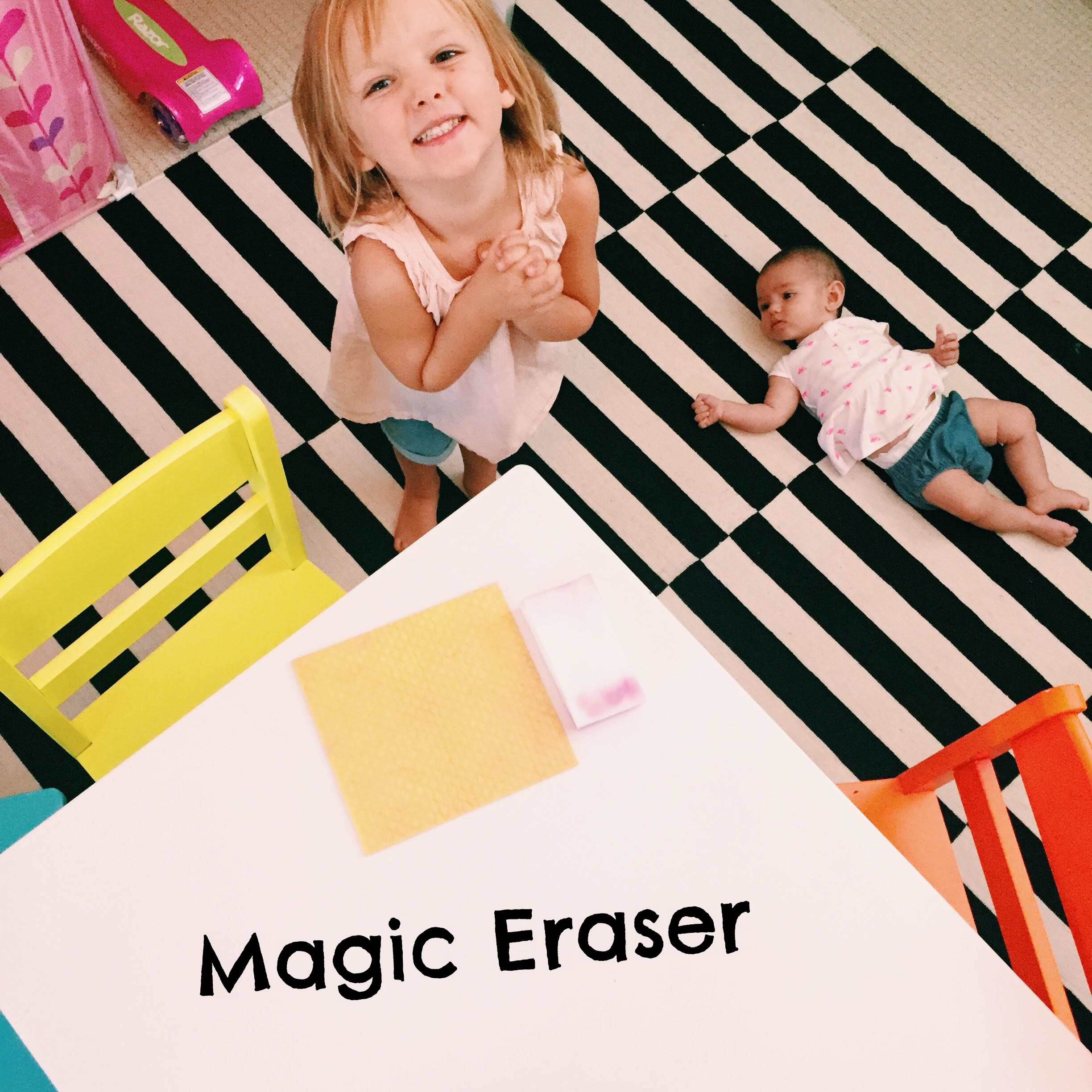 Thanks to the Magic Eraser's super power cleaning ability… her table is spotless!