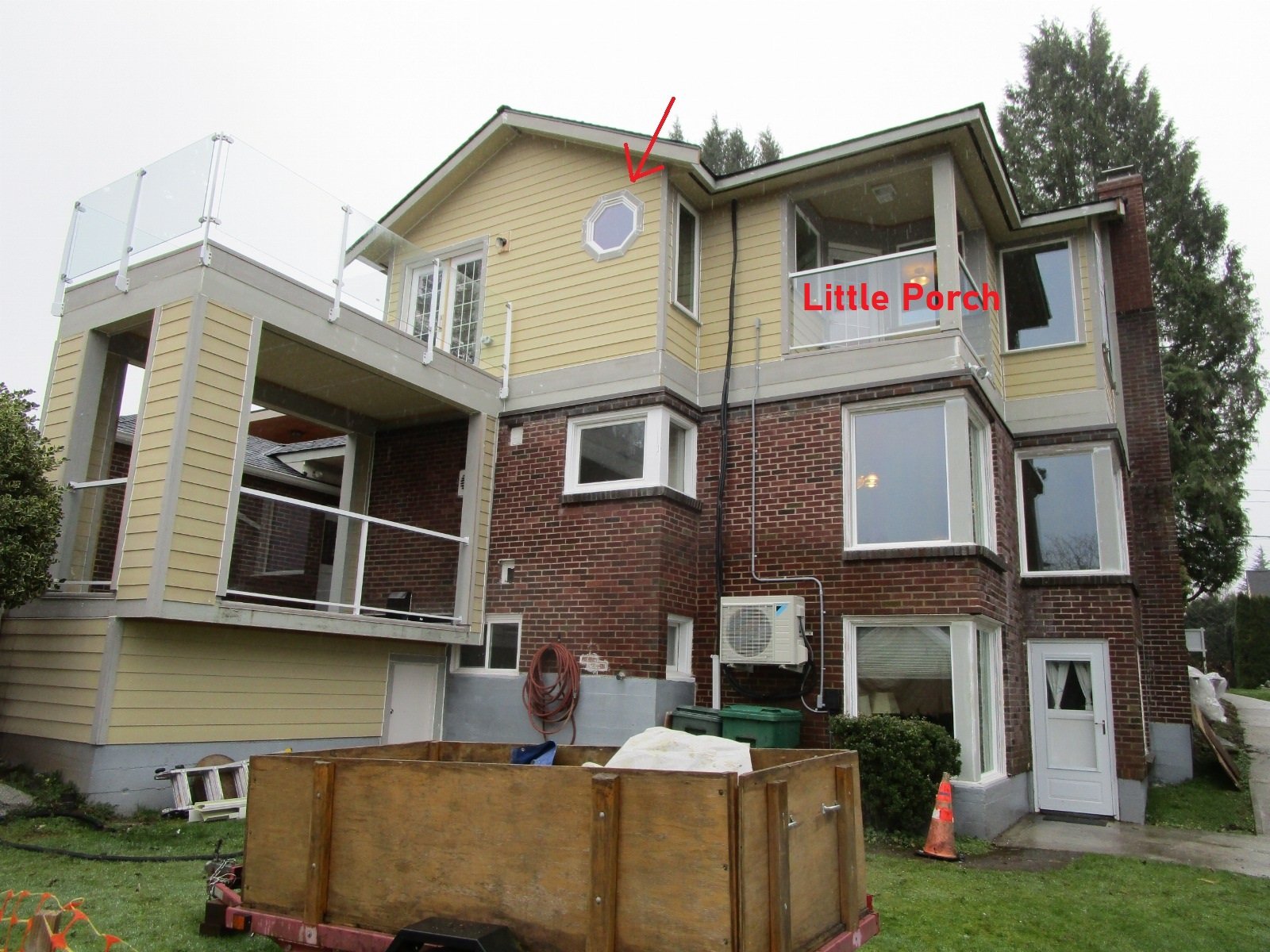 New work is horizontal siding waiting for paint.