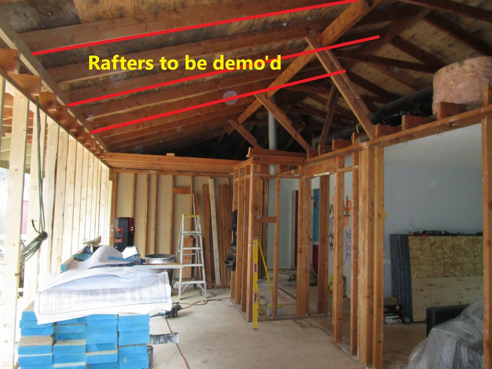 Eventually all of these rafters to the ridge will be removed. New rafters will span from the ridge out to the new exterior wall. And, the ceiling will be vaulted.