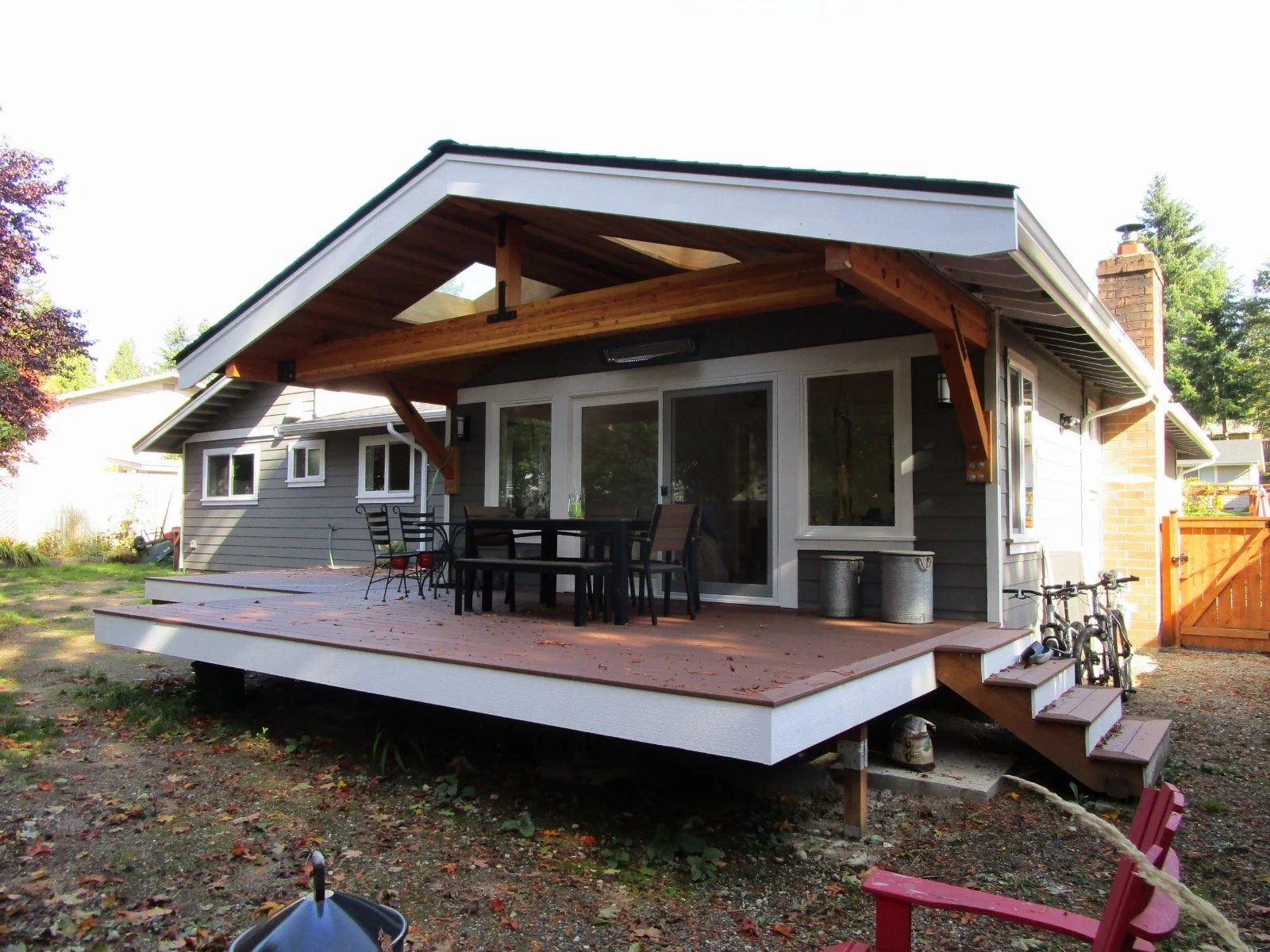 Finished covered deck with big beam cantilever.