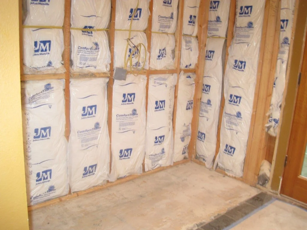 At the other end of the house, an coat closet is being converted to a Powder Bath. This was actually an addition to the house. So if you looked at that insulation and thought the JM graphics looked so