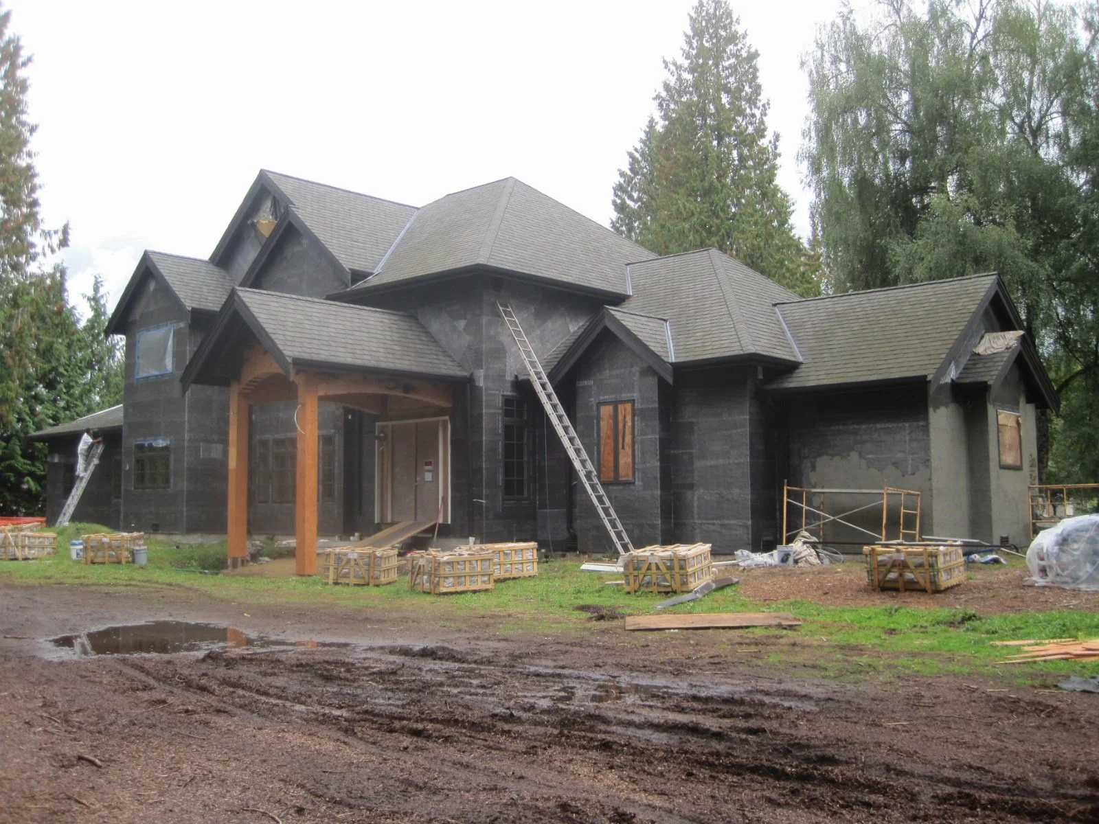 Stone veneer is on site, ready to place.