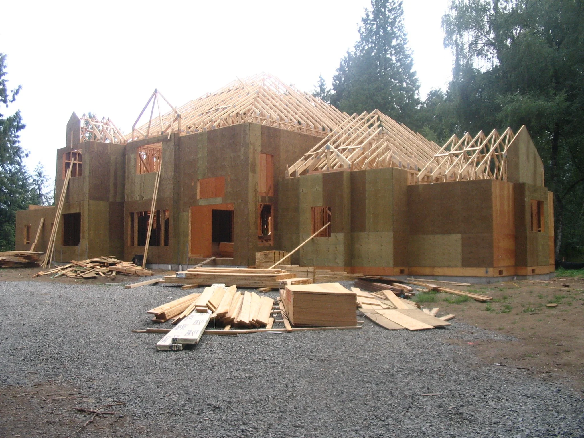 The roof trusses are being set.