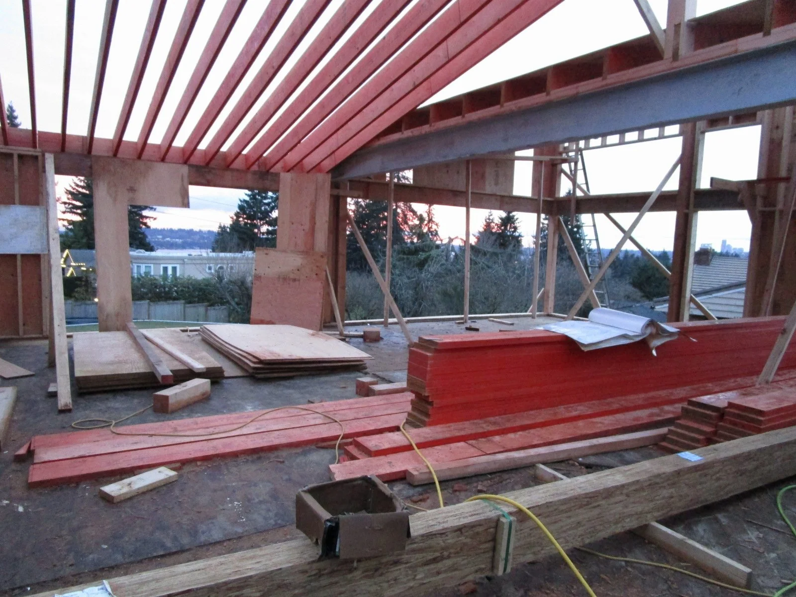 View from the entry looking at the living (left) and dining (right). You can start to see the amount of glazing we'll have.