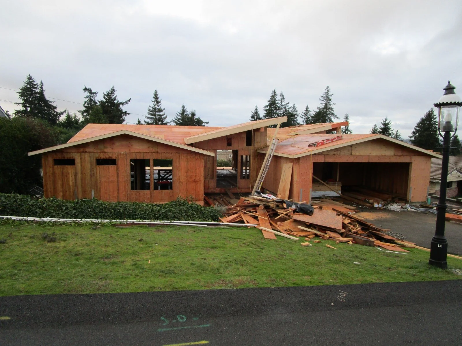 Roof is mostly framed, plywood on, ready for roofing material