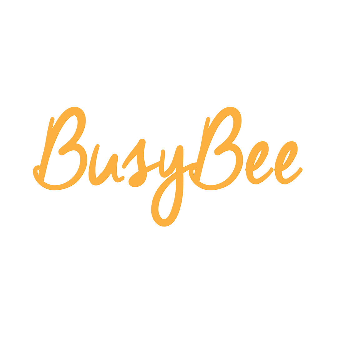 The logo for The Busy Bee, established in 1947, featuring bold orange and white cursive text on a black background.