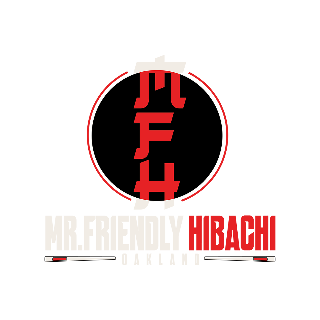 Logo for Mr. Friendly Hibachi, Oakland. The logo features the word "JET" in red vertical letters inside a black circle, with "MR. FRIENDLY HIBACHI" in bold gray and red text below, and "OAKLAND" in smaller white text beneath.