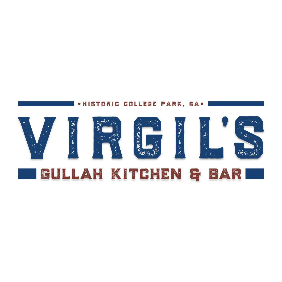Logo for Virginia's Gullah Kitchen & Bar featuring bold blue and brown text