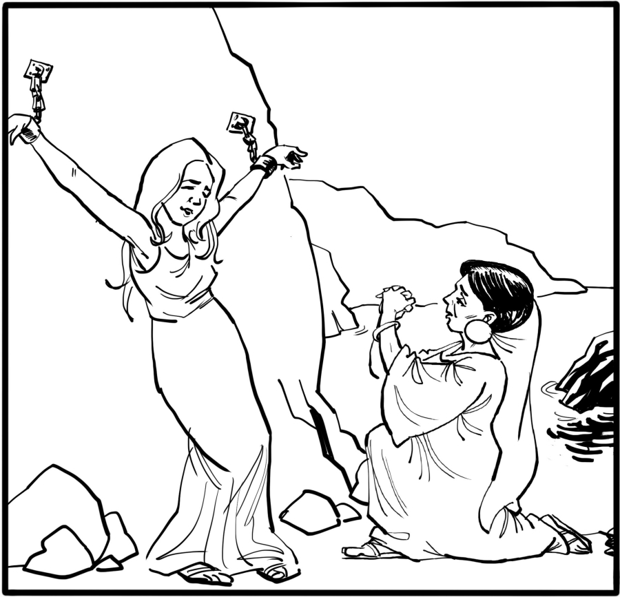 Cassiopoeia begs Andromeda not to curse her even in death.