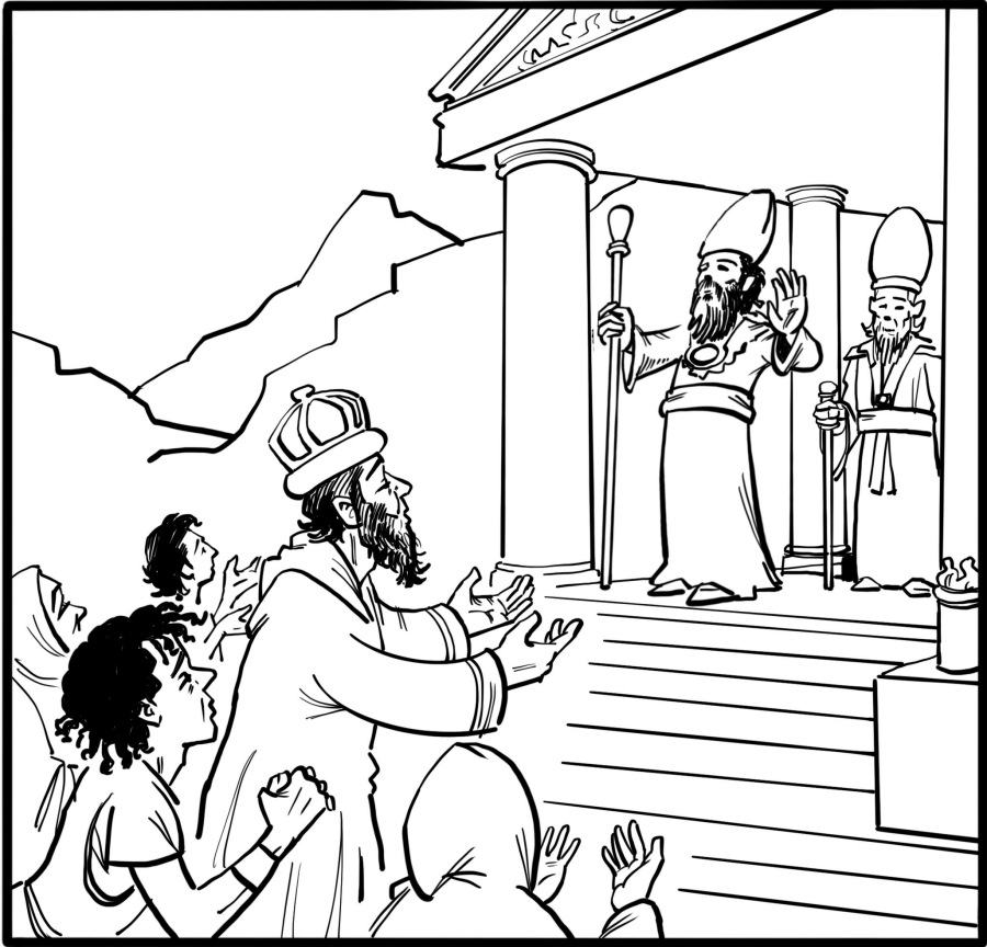 The people go to the temple to ask the priests to cast lots to find out who has offended the sea-gods.