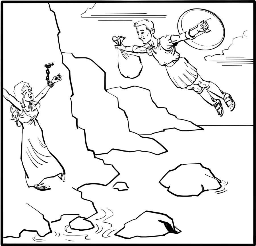 Suddenly she sees Perseus FLYING DOWN towards her. He is very good-looking and has a shining brass shield and a bag.