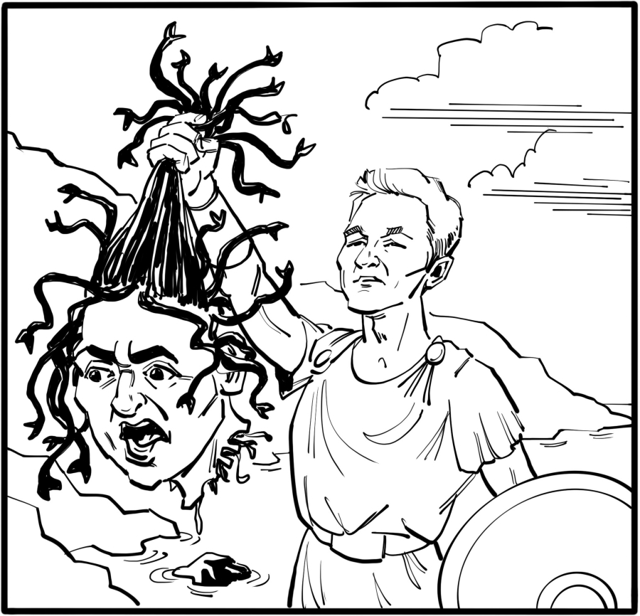 Perseus says he has a Gorgon's head in his bag. He will use it to kill the monster by turning it to stone.