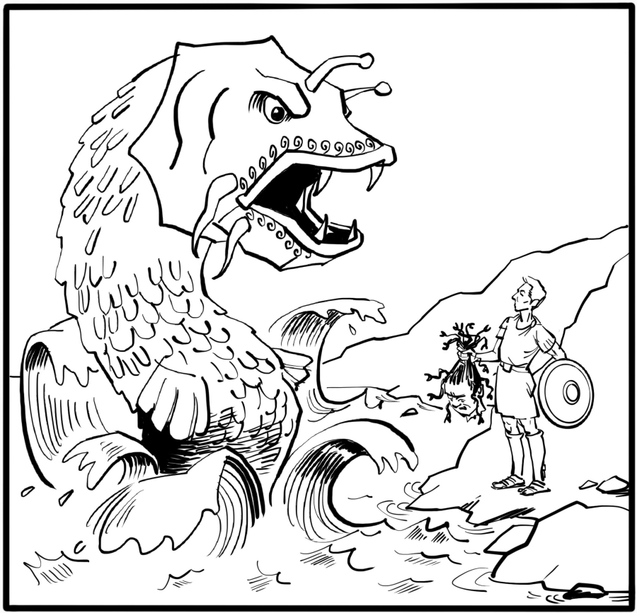 The monster swims towards Andromeda, not suspecting any danger.