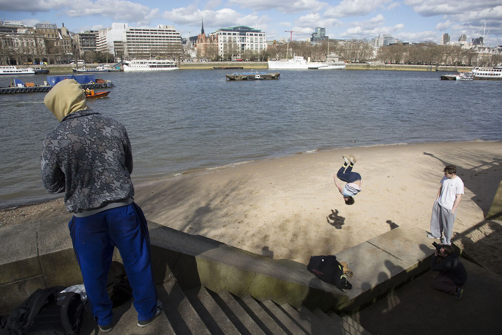 Parkour runner shows urban acrobatic skills.