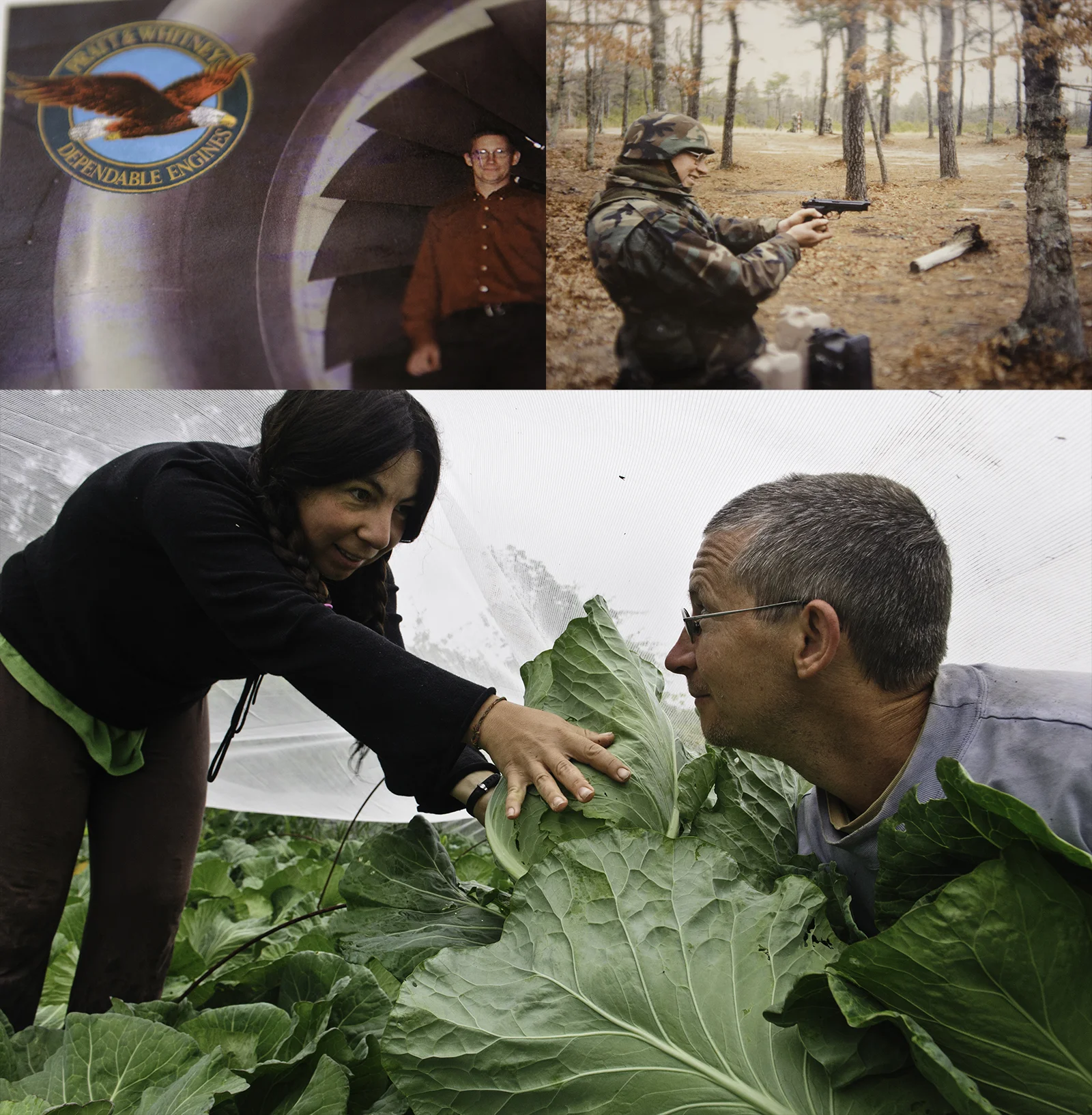 Clockwise from top left: 1) Ed Wazer as an engineer with Pratt & Whitney. 2) In the Army National Guard. 3) Raluca Mocanu and Edward Wazer harvesting cabbage grown under a bug barrier on the Shundahai Farm; a Community Supported Agriculture farm growing food for over 50-people and their families.
