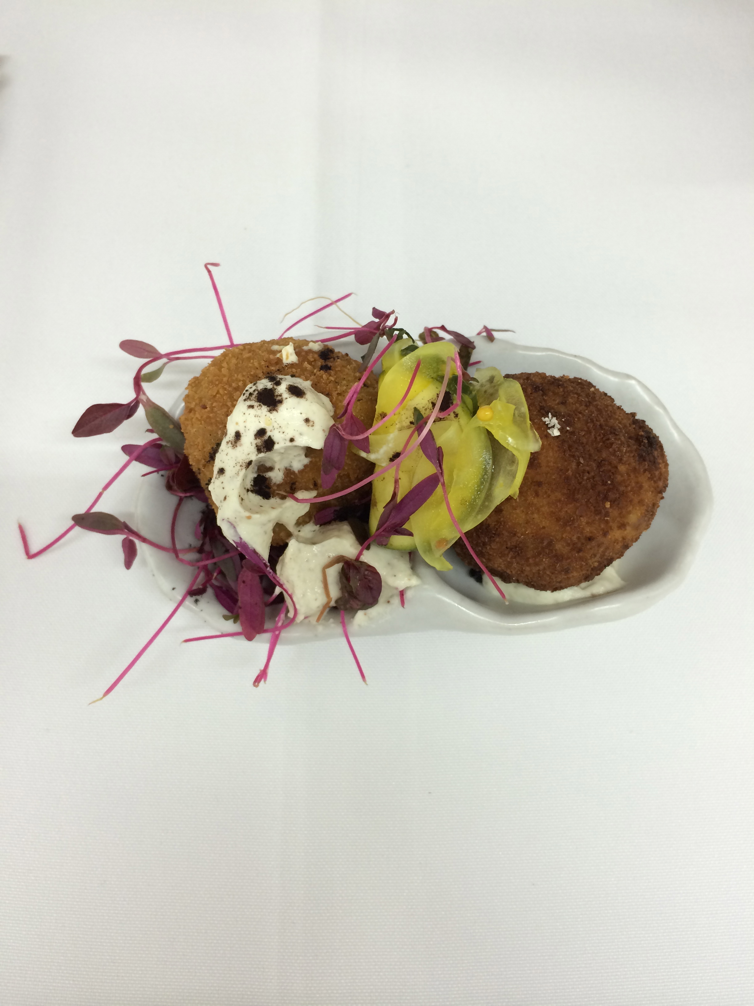 Saffron-fava Croquette, Amaranth, Pickle, Crema