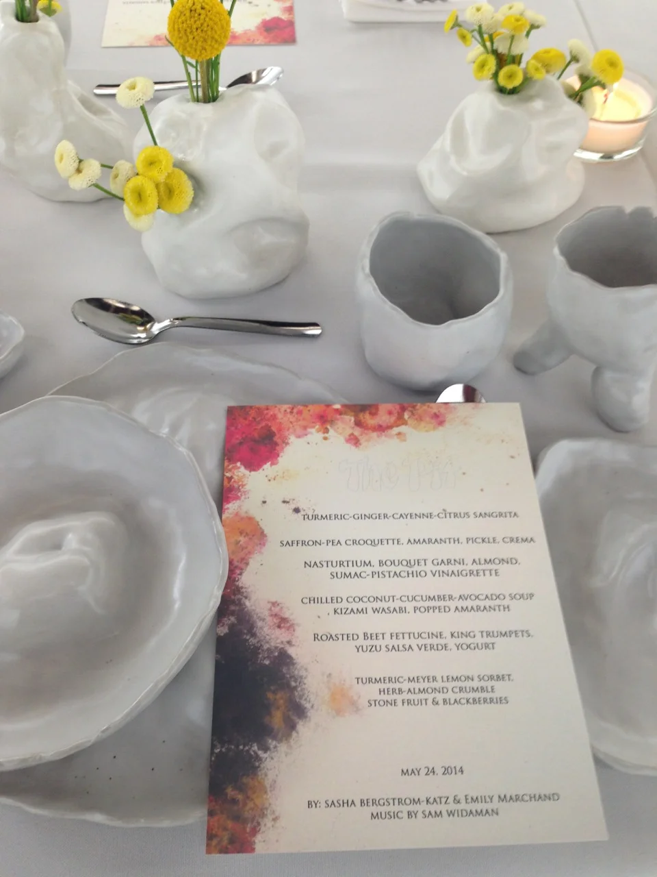 Menu by Emily Marchand, ceramic dinnerware and vases by Sasha Bergstrom-Katz