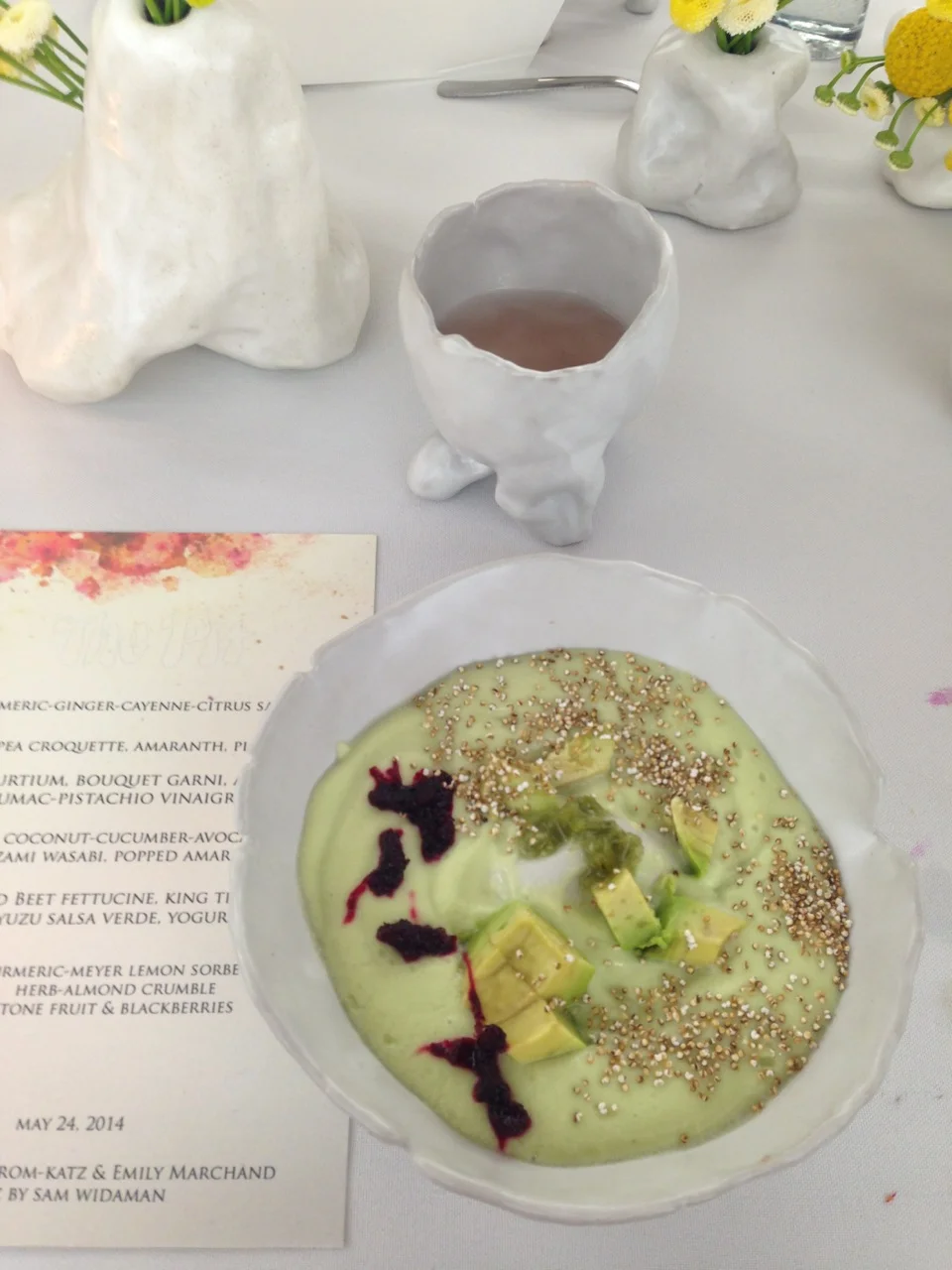 Chilled Coconut-cucumber-avocado soup, Kizami Wasabi, Popped amaranth